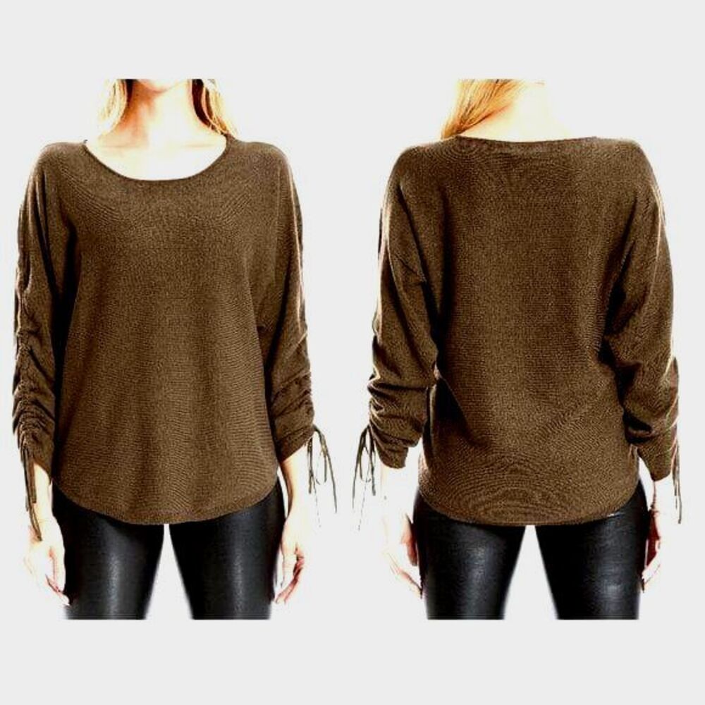 MAX STUDIO Women's Ruched Sleeve Knit Sweater Winter Brown Large $128